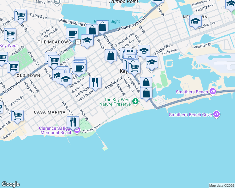 map of restaurants, bars, coffee shops, grocery stores, and more near 1611 Rose Street in Key West