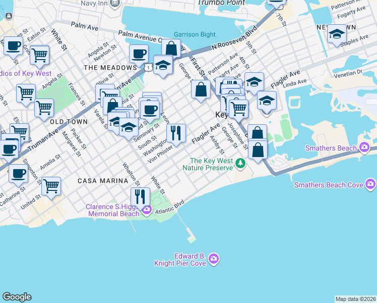 map of restaurants, bars, coffee shops, grocery stores, and more near 1509 Laird Street in Key West