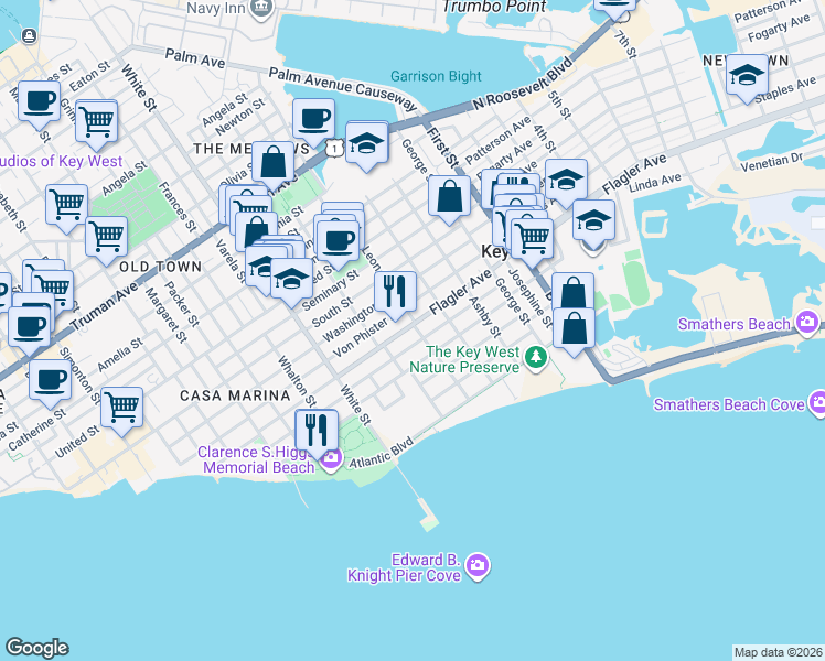 map of restaurants, bars, coffee shops, grocery stores, and more near 1430 Flagler Avenue in Key West