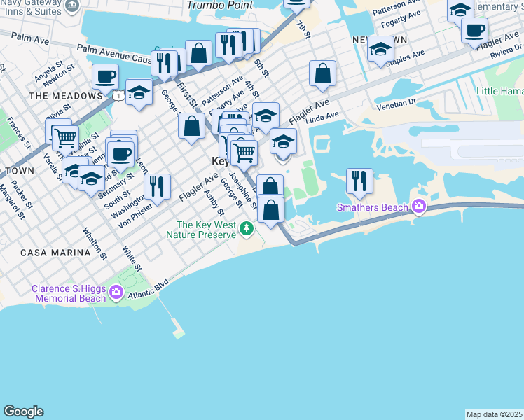 map of restaurants, bars, coffee shops, grocery stores, and more near 1815 Atlantic Boulevard in Key West