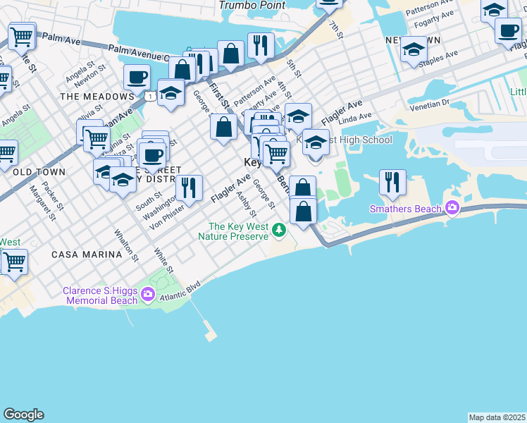 map of restaurants, bars, coffee shops, grocery stores, and more near 1709 Patricia Street in Key West