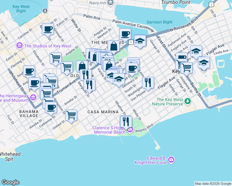 map of restaurants, bars, coffee shops, grocery stores, and more near 1115 South Street in Key West