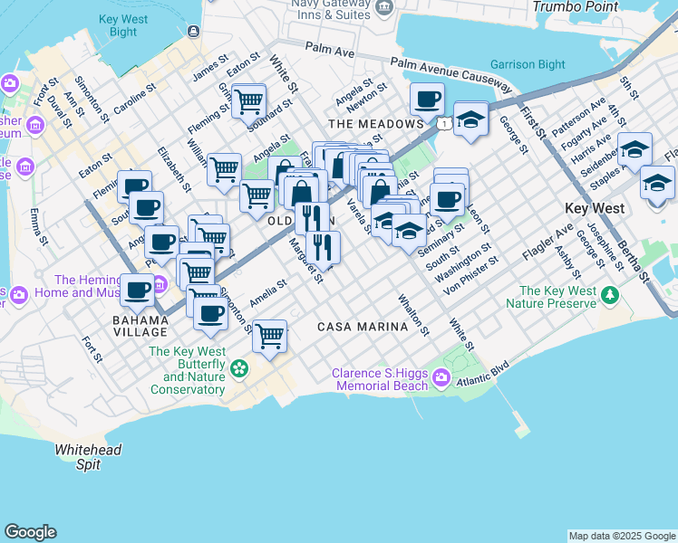 map of restaurants, bars, coffee shops, grocery stores, and more near 1221 Packer Street in Key West
