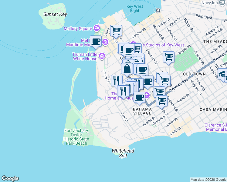 map of restaurants, bars, coffee shops, grocery stores, and more near 106 Southard Street in Key West