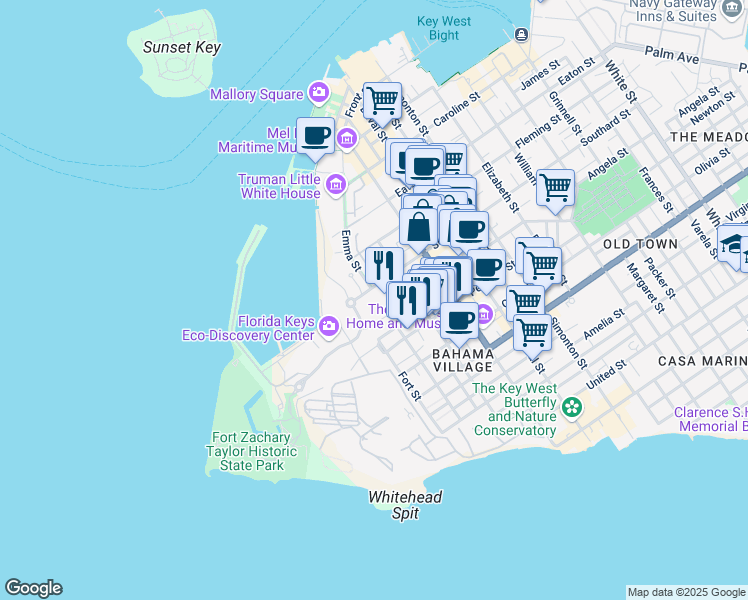 map of restaurants, bars, coffee shops, grocery stores, and more near 106 Southard Street in Key West
