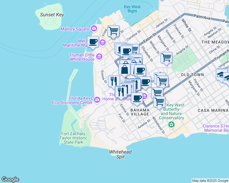 map of restaurants, bars, coffee shops, grocery stores, and more near 106 Southard Street in Key West