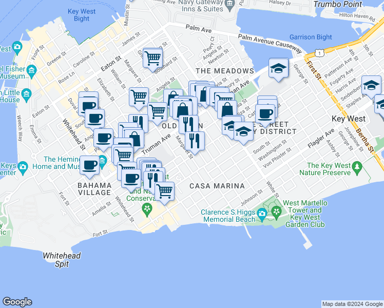 map of restaurants, bars, coffee shops, grocery stores, and more near 903 Catherine Street in Key West