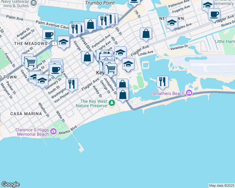 map of restaurants, bars, coffee shops, grocery stores, and more near 1815 Atlantic Boulevard in Key West