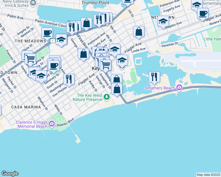 map of restaurants, bars, coffee shops, grocery stores, and more near 1815 Atlantic Boulevard in Key West