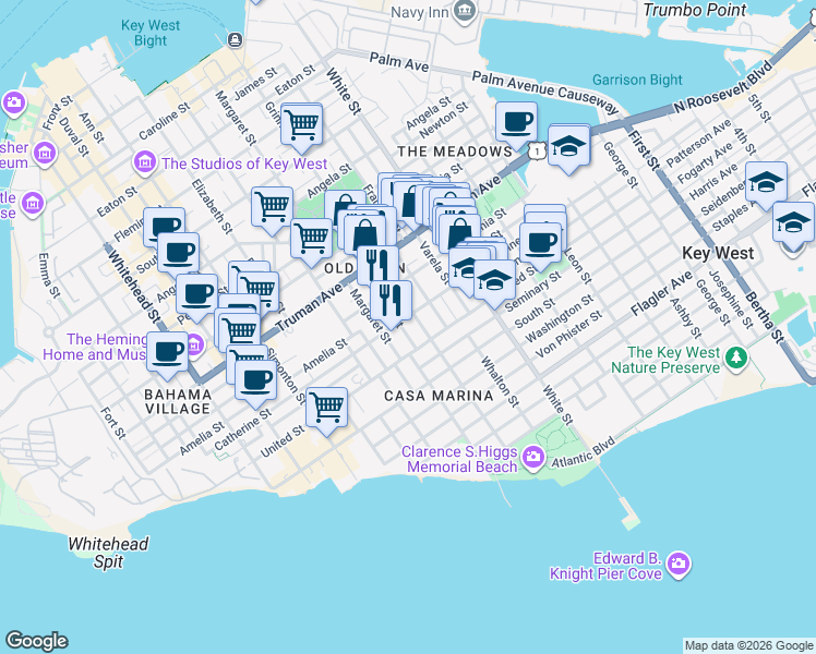 map of restaurants, bars, coffee shops, grocery stores, and more near 1221 Packer Street in Key West
