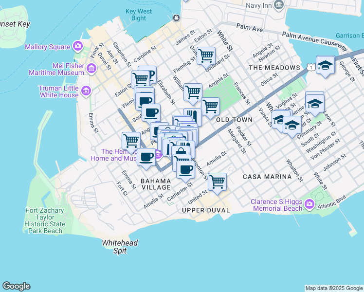 map of restaurants, bars, coffee shops, grocery stores, and more near in Key West