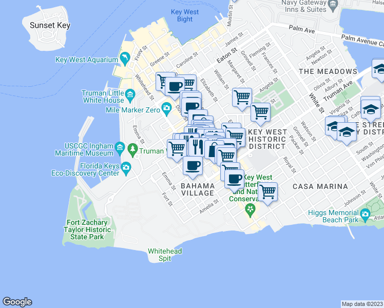 map of restaurants, bars, coffee shops, grocery stores, and more near 818 Shavers Lane in Key West