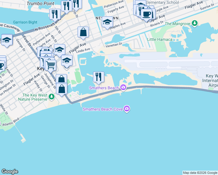 map of restaurants, bars, coffee shops, grocery stores, and more near 2601 South Roosevelt Boulevard in Key West