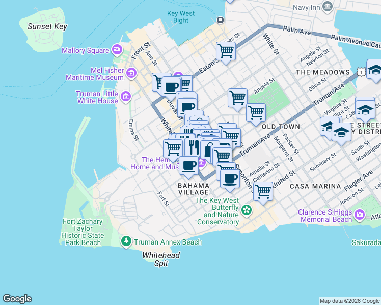 map of restaurants, bars, coffee shops, grocery stores, and more near 818 Shavers Lane in Key West