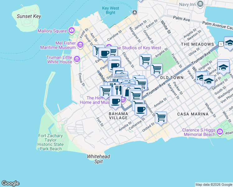map of restaurants, bars, coffee shops, grocery stores, and more near 818 Shavers Lane in Key West