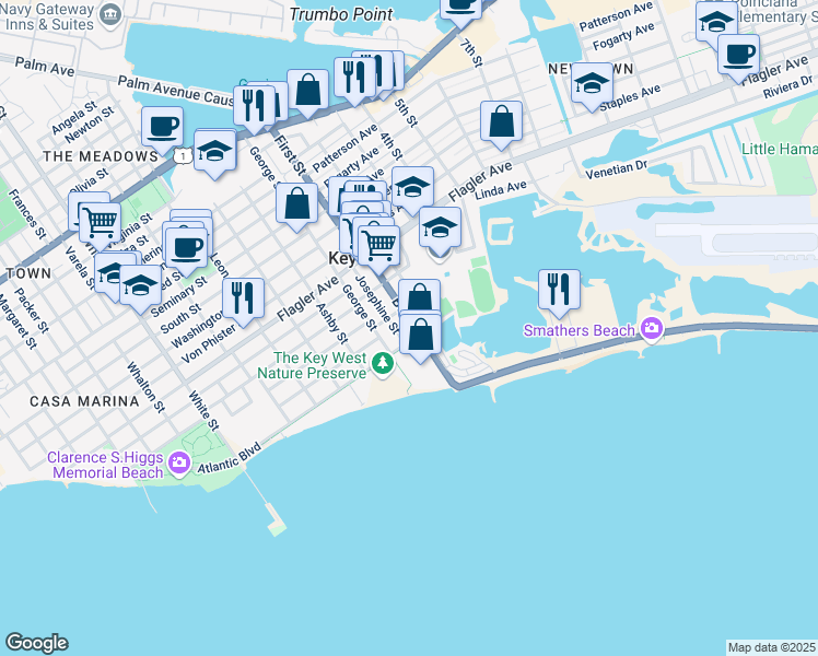 map of restaurants, bars, coffee shops, grocery stores, and more near 1815 Atlantic Boulevard in Key West