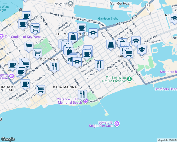 map of restaurants, bars, coffee shops, grocery stores, and more near 1430 Tropical Street in Key West