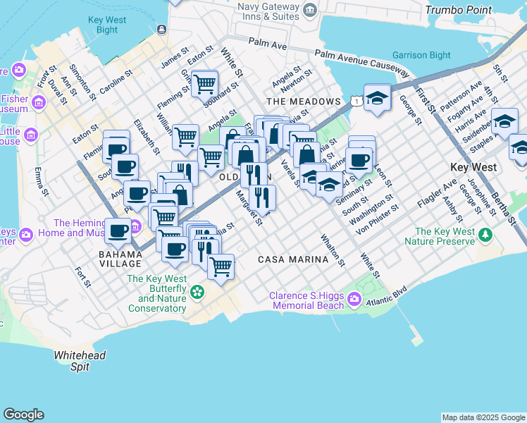 map of restaurants, bars, coffee shops, grocery stores, and more near 815 Catherine Street in Key West