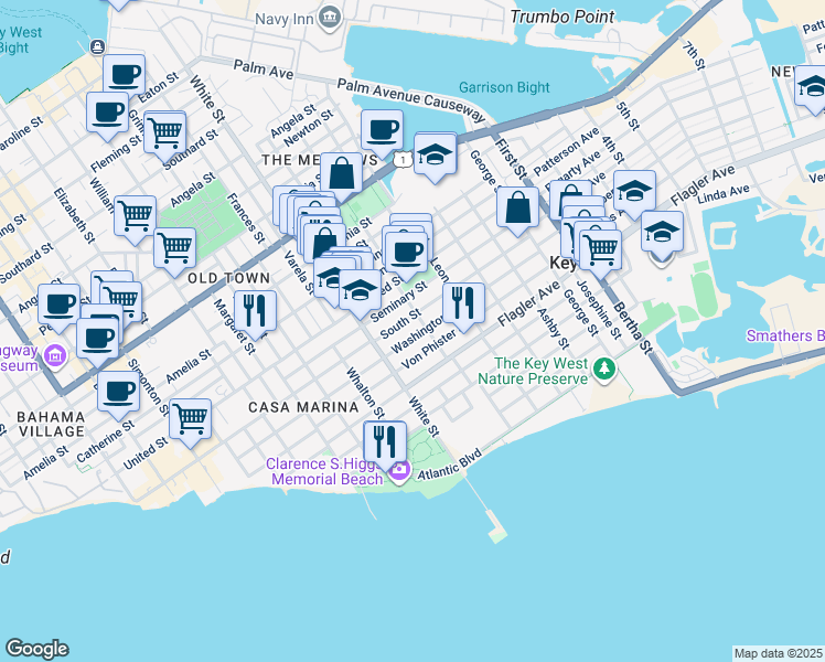 map of restaurants, bars, coffee shops, grocery stores, and more near 1430 Tropical Street in Key West