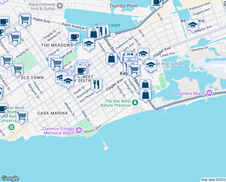 map of restaurants, bars, coffee shops, grocery stores, and more near 1603 Flagler Avenue in Key West
