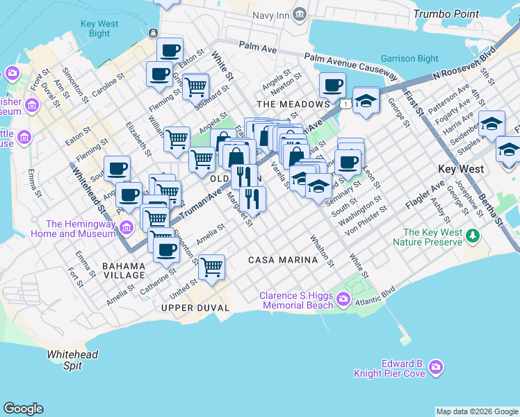 map of restaurants, bars, coffee shops, grocery stores, and more near 1113 Grinnell Street in Naval Air Station Key West