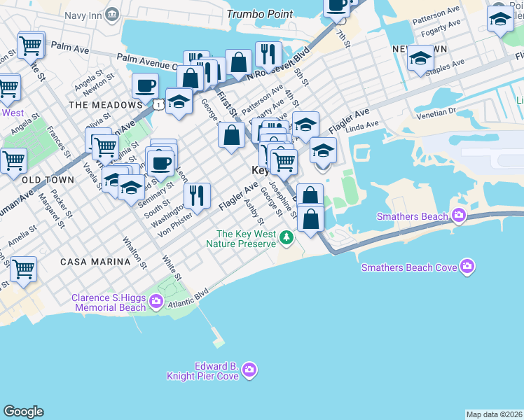 map of restaurants, bars, coffee shops, grocery stores, and more near 1703 Johnson Street in Key West