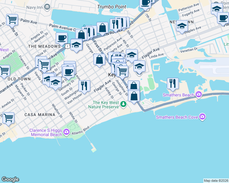 map of restaurants, bars, coffee shops, grocery stores, and more near 1804 Venetia Street in Key West