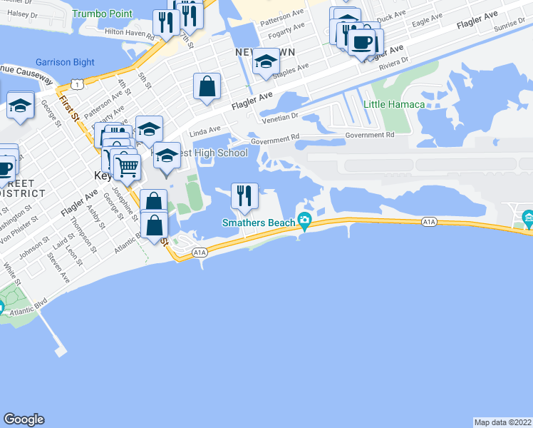 map of restaurants, bars, coffee shops, grocery stores, and more near 2601 South Roosevelt Boulevard in Key West