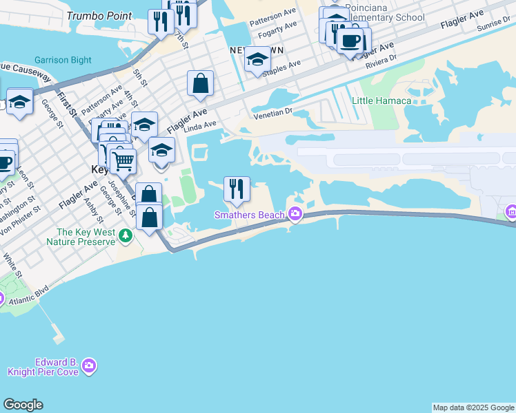 map of restaurants, bars, coffee shops, grocery stores, and more near 2601 South Roosevelt Boulevard in Key West