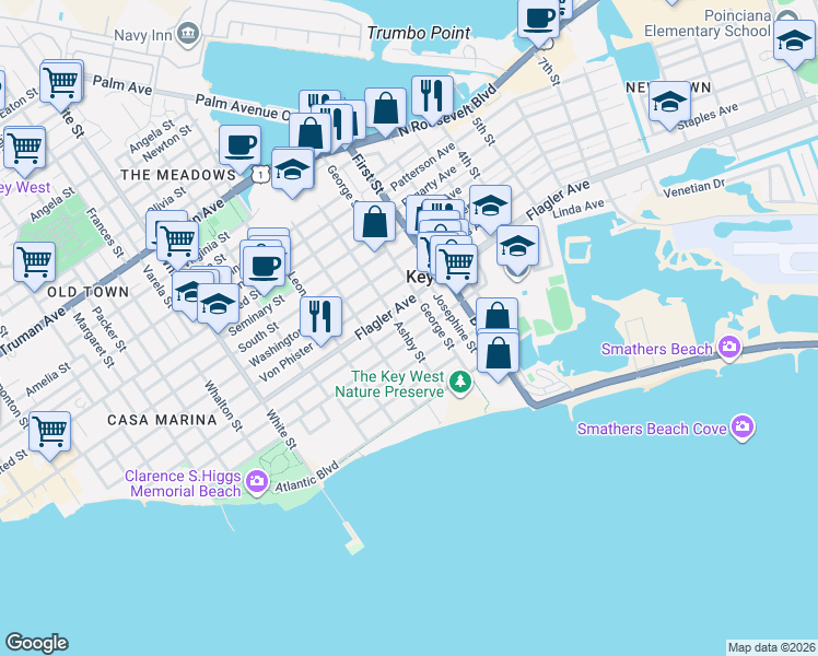 map of restaurants, bars, coffee shops, grocery stores, and more near 1703 Johnson Street in Key West