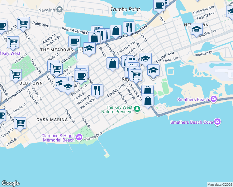 map of restaurants, bars, coffee shops, grocery stores, and more near 1703 Johnson Street in Key West
