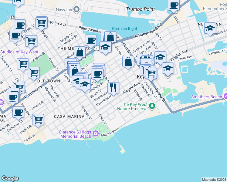 map of restaurants, bars, coffee shops, grocery stores, and more near 1407 Leon Street in Naval Air Station Key West