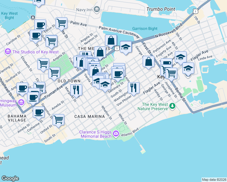 map of restaurants, bars, coffee shops, grocery stores, and more near 1230 Seminary Street in Key West