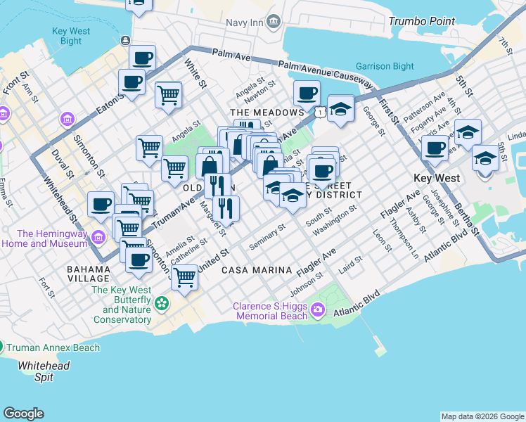 map of restaurants, bars, coffee shops, grocery stores, and more near 1210 Varela Street in Key West