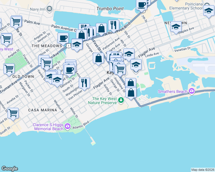 map of restaurants, bars, coffee shops, grocery stores, and more near 1703 Johnson Street in Key West