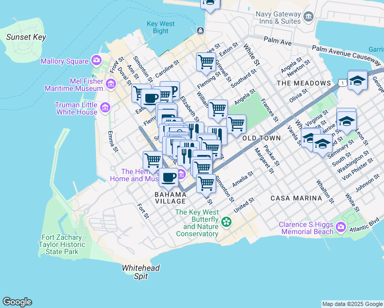 map of restaurants, bars, coffee shops, grocery stores, and more near 530 Petronia Street in Key West