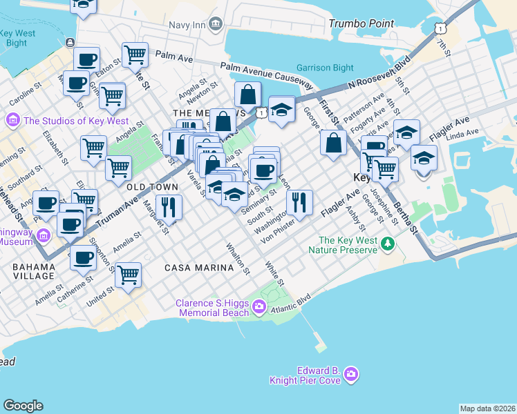 map of restaurants, bars, coffee shops, grocery stores, and more near 1230 Seminary Street in Key West