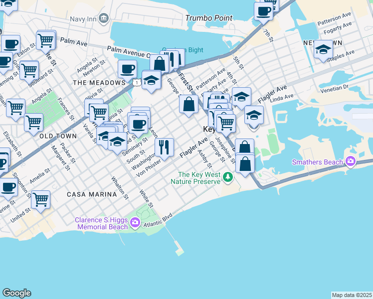 map of restaurants, bars, coffee shops, grocery stores, and more near 1603 Flagler Avenue in Key West