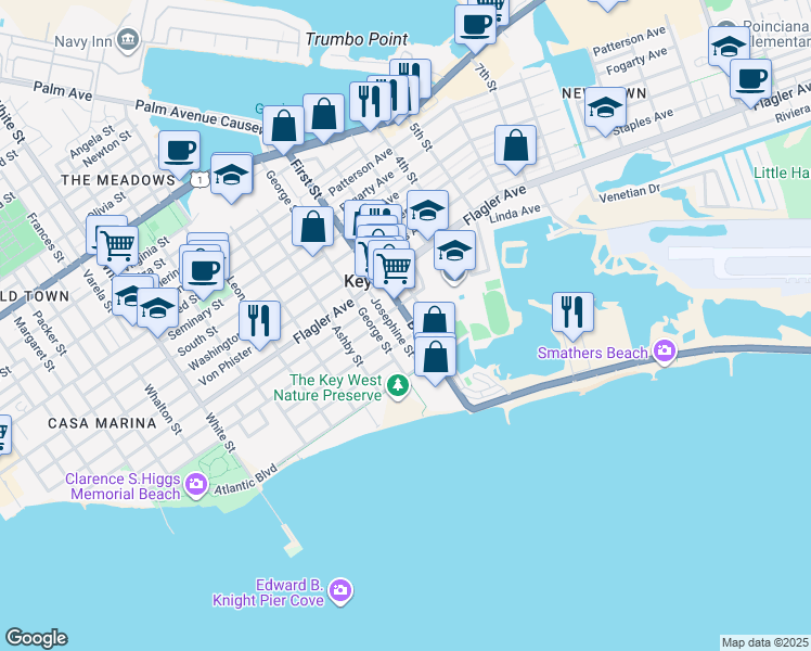 map of restaurants, bars, coffee shops, grocery stores, and more near 1611 Bertha Street in Key West