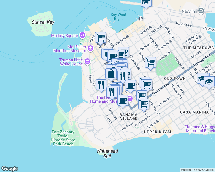 map of restaurants, bars, coffee shops, grocery stores, and more near 300 Southard Street in Key West