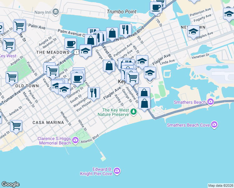 map of restaurants, bars, coffee shops, grocery stores, and more near 1703 Johnson St in Key West
