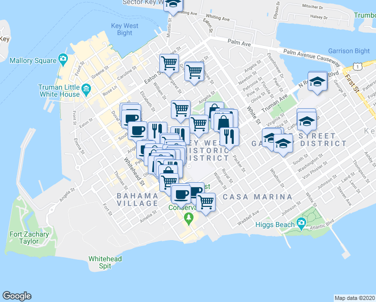 map of restaurants, bars, coffee shops, grocery stores, and more near 726-1/2 Olivia Street in Key West