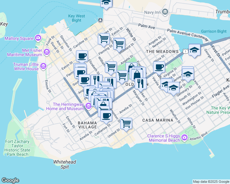 map of restaurants, bars, coffee shops, grocery stores, and more near 714 Olivia Street in Key West
