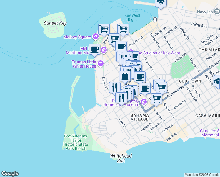 map of restaurants, bars, coffee shops, grocery stores, and more near 29 Porter Lane in Key West