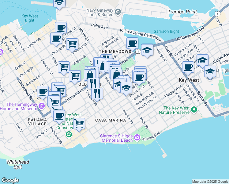 map of restaurants, bars, coffee shops, grocery stores, and more near 1210 Varela Street in Key West