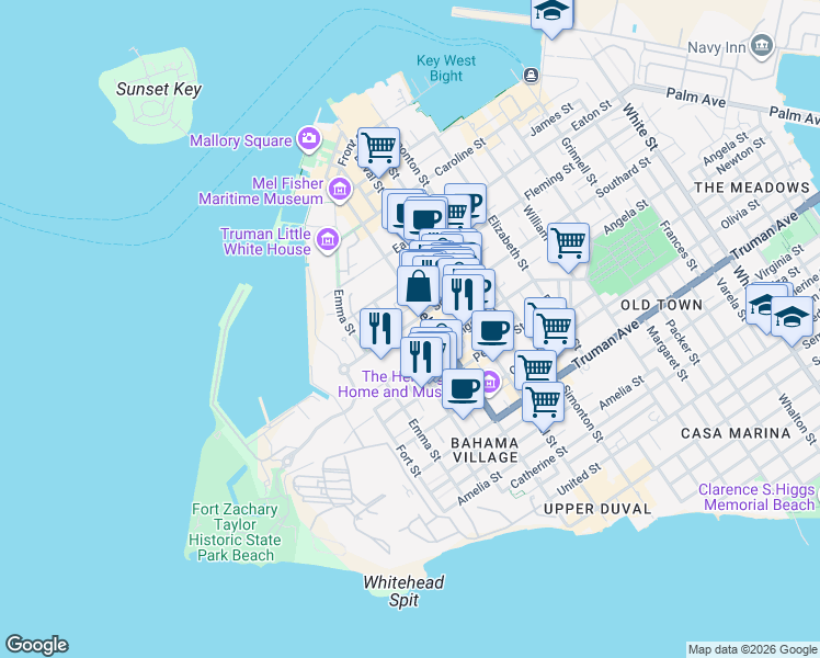 map of restaurants, bars, coffee shops, grocery stores, and more near 300 Southard Street in Key West