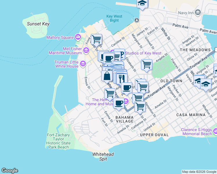 map of restaurants, bars, coffee shops, grocery stores, and more near 621 Whitehead Street in Key West