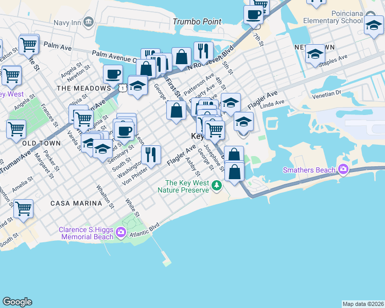 map of restaurants, bars, coffee shops, grocery stores, and more near 1703 Johnson Street in Key West