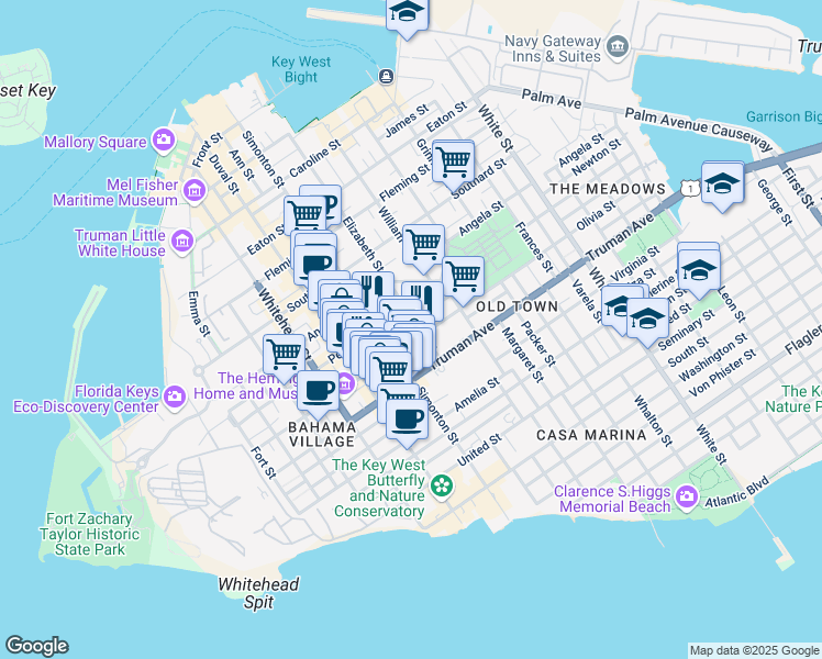 map of restaurants, bars, coffee shops, grocery stores, and more near 621 Olivia Street in Key West