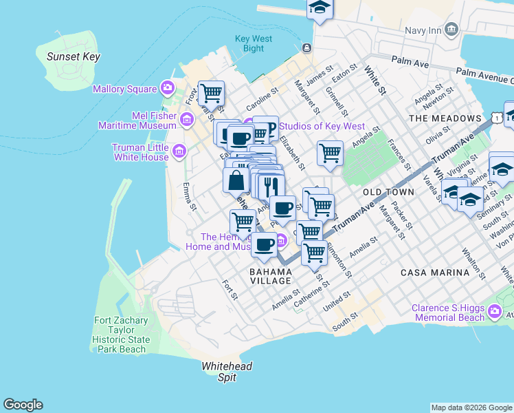 map of restaurants, bars, coffee shops, grocery stores, and more near 621 Whitehead Street in Key West